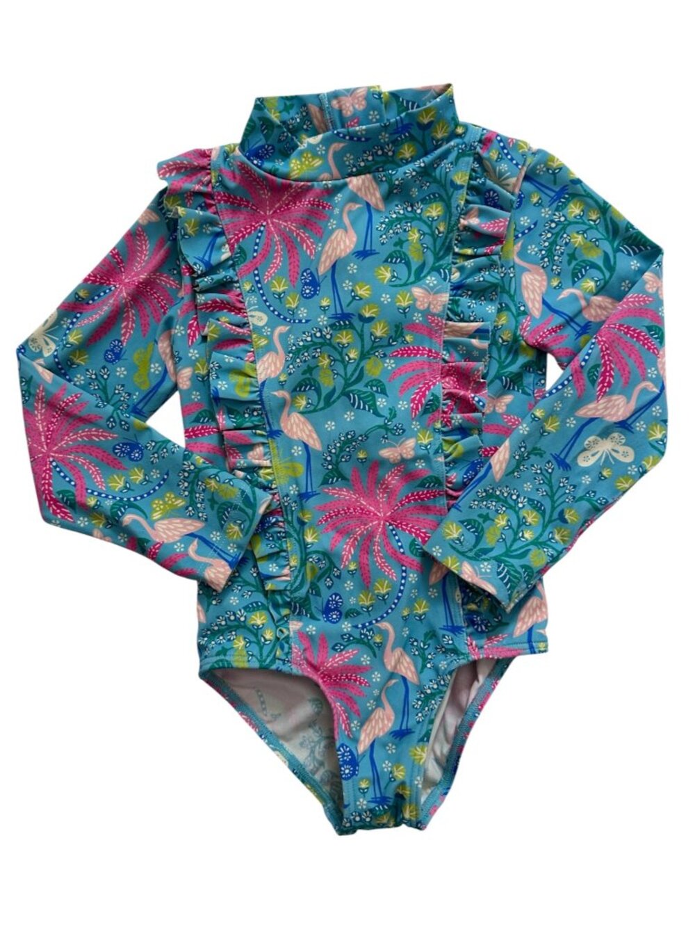 Mini Boden Tropical Heron Ruffle Swimsuit Size 3-4Y